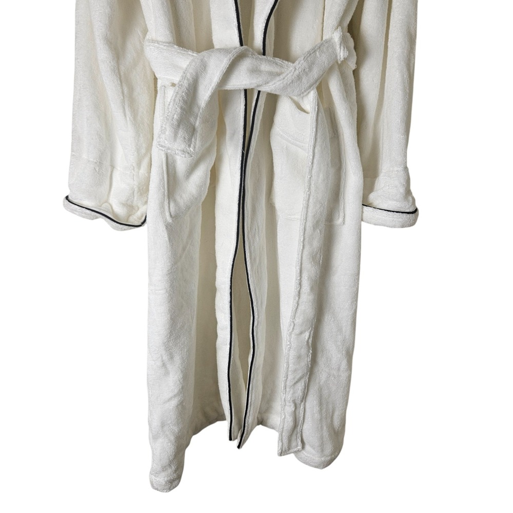 Williams Sonoma Home Cotton Terry Bath Robe Black Piping‎ Trim Quiet Luxury - Picture 7 of 11